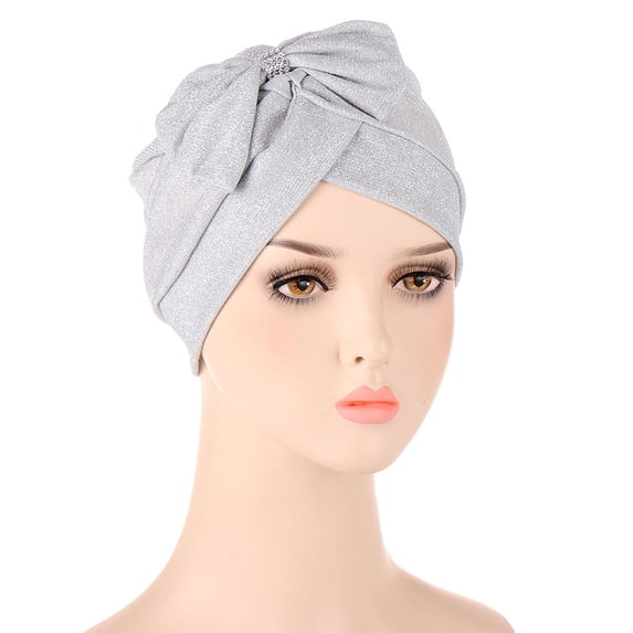 Women's Glitter Bow Turban Headwrap, Muslim Headscarf Cancer Chemo Cap with Pre-Tied Design for Sensitive Scalps, Hand Washable Hair Loss Headcover