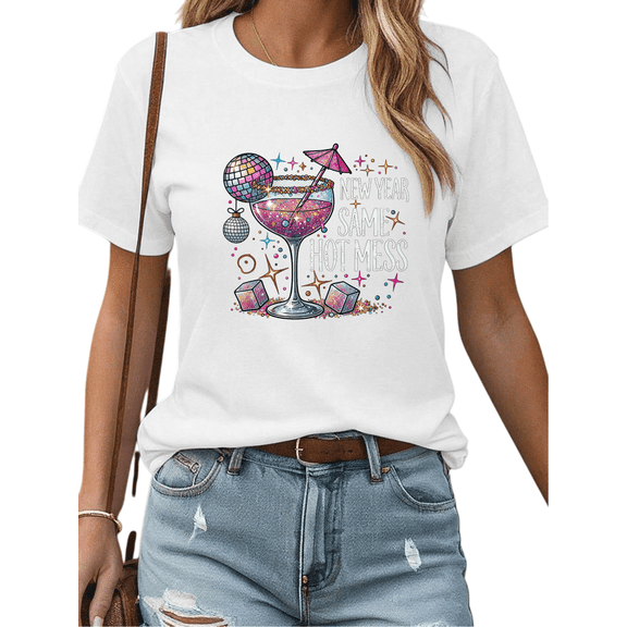 Women's Glitter Cocktail New Year Comfortable T-Shirt Top Fun Party Themed Graphic Short Sleeve Round Neck White S-5XL
