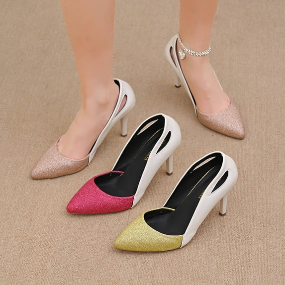 Women's Glitter Color Block Heels, Pointed Toe Stiletto Dress Shoes, Cutout Comfortable High Heel Shoes for Spring Summer Wear