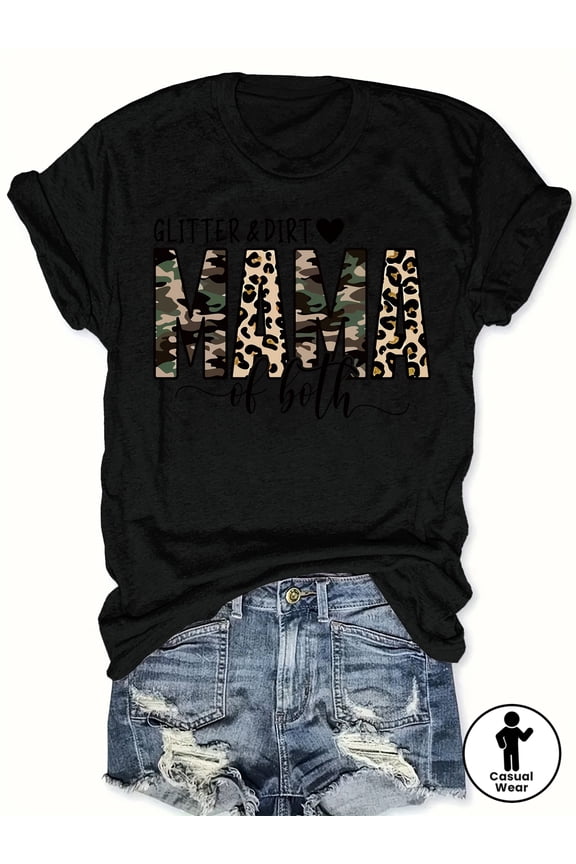 Women's Glitter & Dirt Mama T-Shirt, Trendy Camouflage Leopard Print Graphic Tee, Funny Mom Life Short Sleeve Casual Top, Perfect Mother's Day Birthday Gift for Her