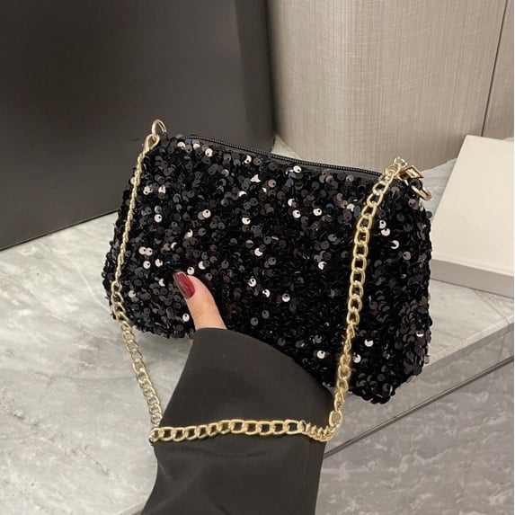 Women's Glitter Evening Crossbody Bag, Chain Strap Small Purse for Parties and Events,Black,One Size