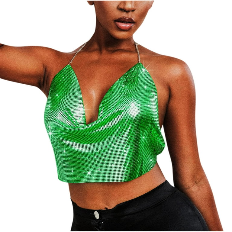 Women Shiny Sequins Butterfly Crop Tops Sexy Sleeveless Backless Tube Bra  Shirts Rave Party Club Disco Y2K Outfits (Black Green, One Size) at   Women's Clothing store