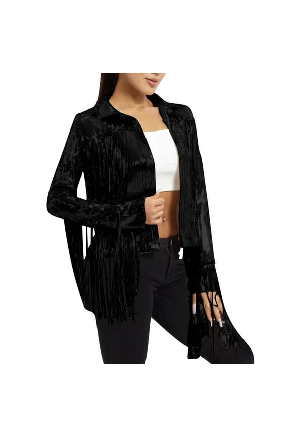 Women's Glitter Jacket Sequin Fringe Sparkly Cropped Party Coat Long Sleeve Lapel Vintage Open Front Tassel Cardigan (L, Black)