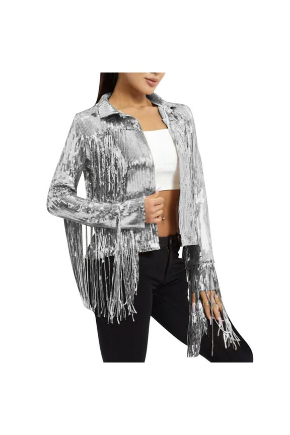 Women's Glitter Jacket Sequin Fringe Sparkly Cropped Party Coat Long Sleeve Lapel Vintage Open Front Tassel Cardigan (XL, Silver)