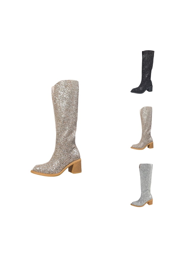 Women's Glitter Knee High Boots, Fashion Party Dress Shoes with Heel, Shiny Evening Dance Boots for Women