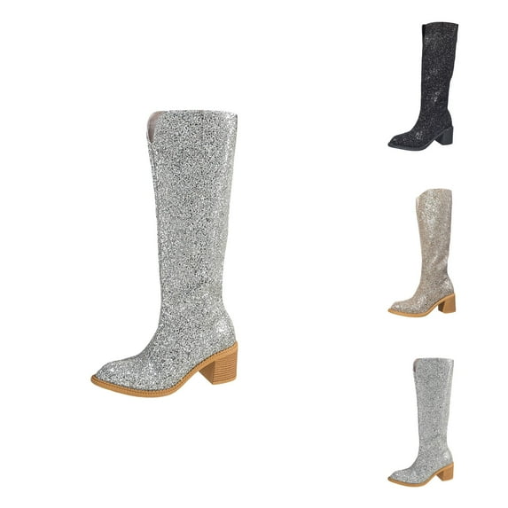 Women's Glitter Knee High Boots, Fashion Party Dress Shoes with Heel, Shiny Evening Dance Boots for Women