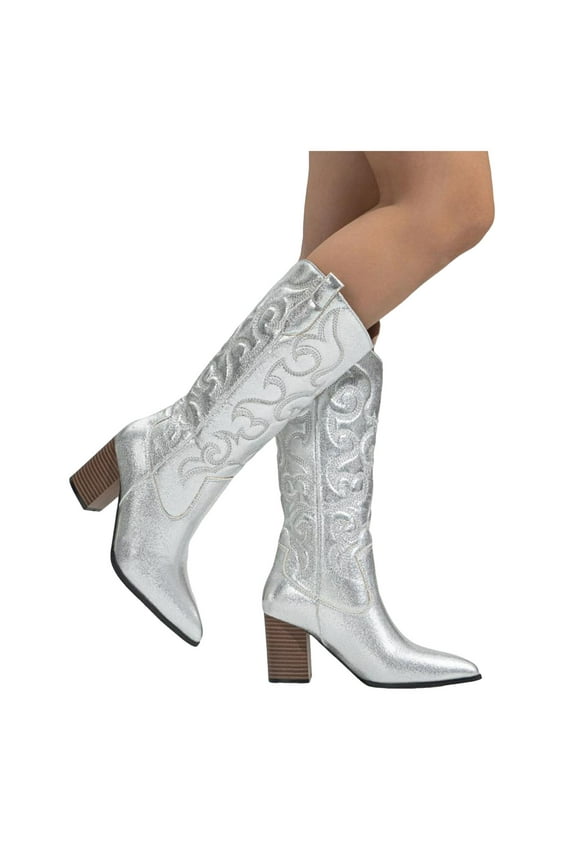 Women's Glitter Metallic Cowboy Boots Sparkly Pointed Toe Chunky High Heel Wide Mid Calf Cowgirl Boots for Christmas Haloween Party