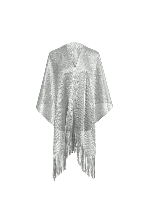 Women's Glitter Metallic Shawl Wrap Wedding Prom Party Sheer Mesh Open Front Cape Silver One Size