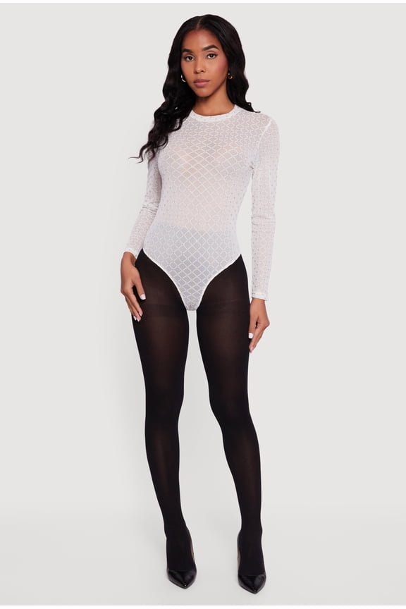 Women's Glitter Patterned Velvet Burnout Mesh Bodysuit