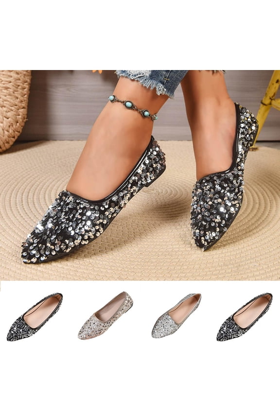 Women's Glitter Pointed Toe Flats, Wide Width Casual Slip-On Loafers, Comfortable Soft Sole Walking Shoes for Spring Summer Party Daily Wear