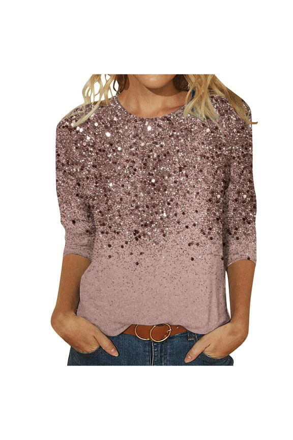 Women's Glitter Print 3/4 Sleeve Top Loose Round-Neck Casual Tunic Blouse, Sparkly Gradient Pullover