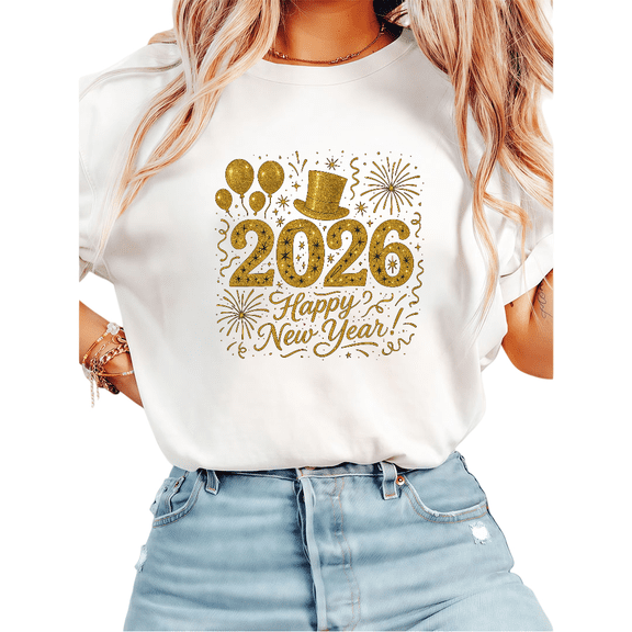 Women's Glitter Print T-Shirt - 2026 Gold Glitter Graphic Tee - New Year's Eve Celebration Short Sleeve Pattern Tops, Daily Outfits
