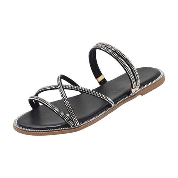 Women's Glitter Rhinestone Flat Criss Cross Strappy Open Toe Sandals On Slippers