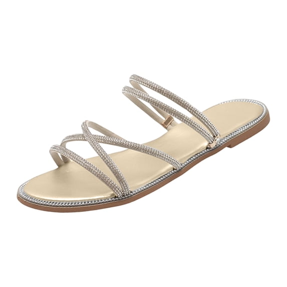 Women's Glitter Rhinestone Flat Criss Cross Strappy Open Toe Sandals On Slippers