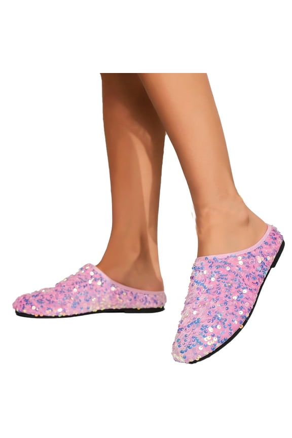 Women's Glitter Rhinestone Flat Mules Comfortable Soft Memory Foam Insole Cherry Pointed Rivet Mule Shoes