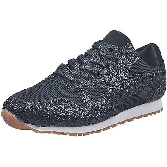 Women’s Glitter Rhinestone Lace‑Up Sneakers, Breathable Polyester Mesh Sparkly Casual Flat Walking Shoes-Black