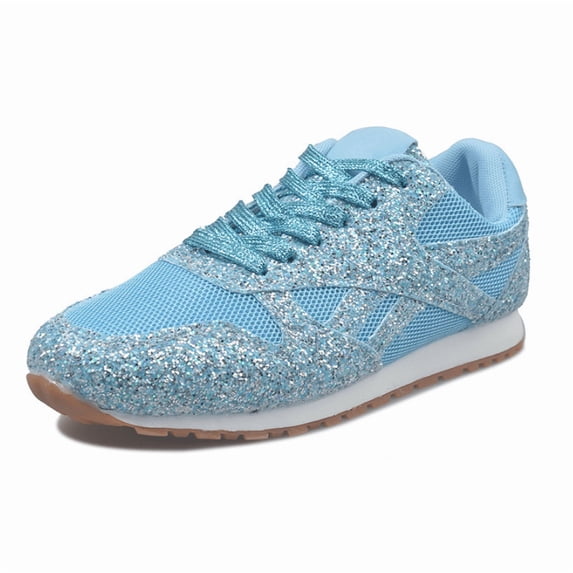 Women’s Glitter Rhinestone Lace‑Up Sneakers, Breathable Polyester Mesh Sparkly Casual Flat Walking Shoes-Light blue