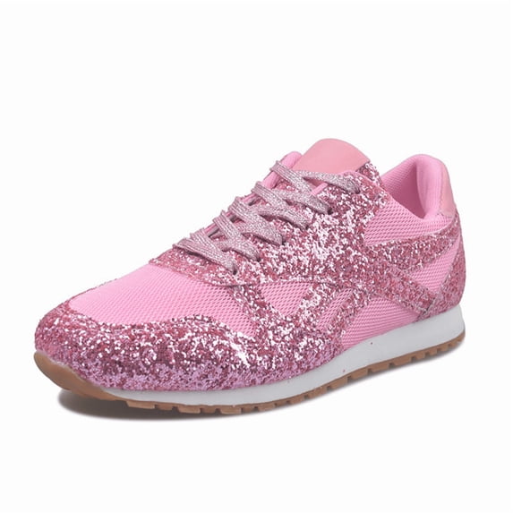 Women’s Glitter Rhinestone Lace‑Up Sneakers, Breathable Polyester Mesh Sparkly Casual Flat Walking Shoes-Pink