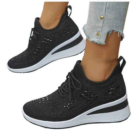 Women's Glitter Rhinestone Platform Wedge Slip On Sneakers Breathable Lace up Running Shoes Sparkly Lightweight Dressy Shoes Black Size 8
