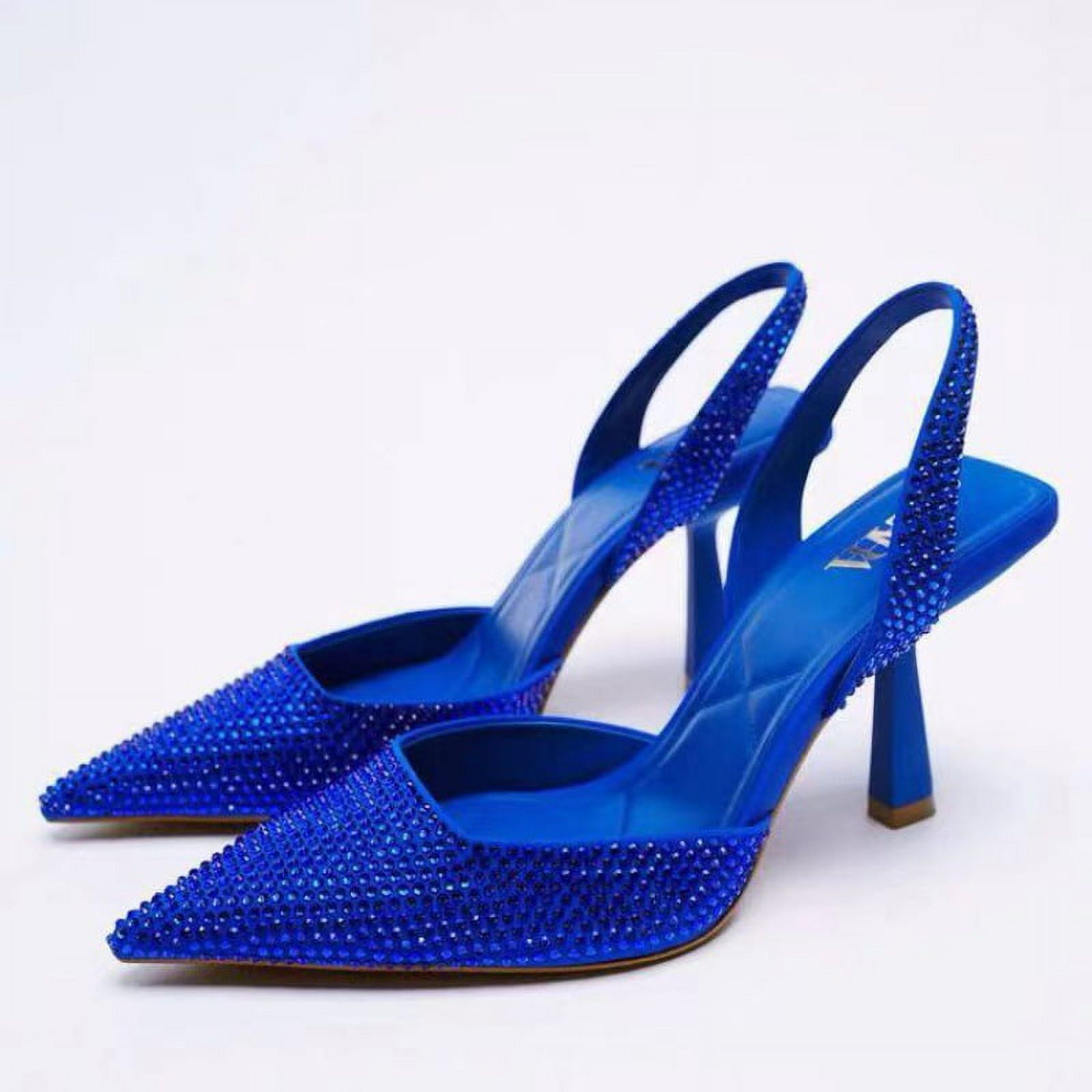 Women s Glitter Rhinestone Sling Back Pointed Toe Mid Kitten Heel Pumps Shoes for Work and Party