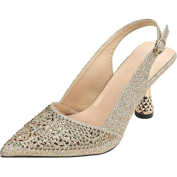 NZLMZG Women's Glitter Rhinestone Slingback Kitten Heels Closed Pointed Toe Adjustable Ankle Buckle Slip On Sparkly Pumps Comfortable Heels for Wedding Party Prom Dressy