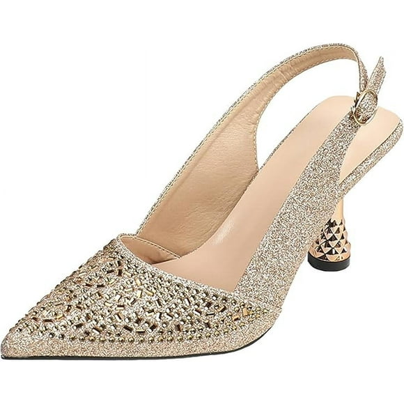 Women's Glitter Rhinestone Slingback Kitten Heels Closed Pointed Toe Adjustable Ankle Buckle Slip On Sparkly Pumps Comfortable Heels for Wedding Party Prom Dressy