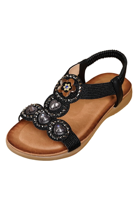 Women's Glitter Rhinestone Wedge Sandals Casual Bohemian Sling Back Walking Shoes Fashion Woven Open Toe Beach Sandal Black Size 8
