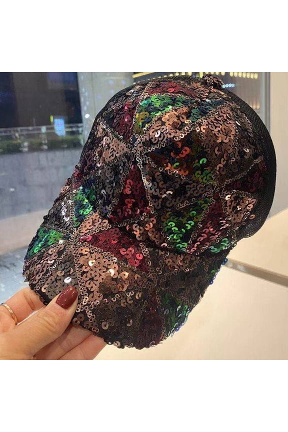Women's Glitter Sequin Baseball Cap, Adjustable Mesh Sun Hat Breathable Ponytail Hat for Party Travel Outdoor