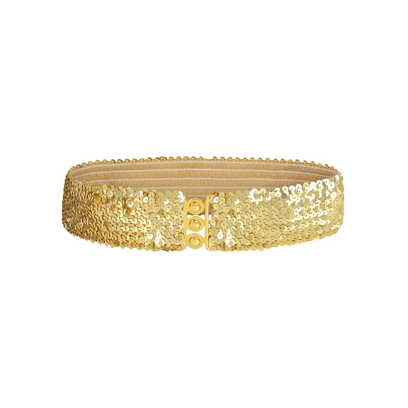 Women's Glitter Sequin Belts Stretchy Sparkly Cinch Belt Disco Party Costume Elastic Waist Accessory, Gold, 30"