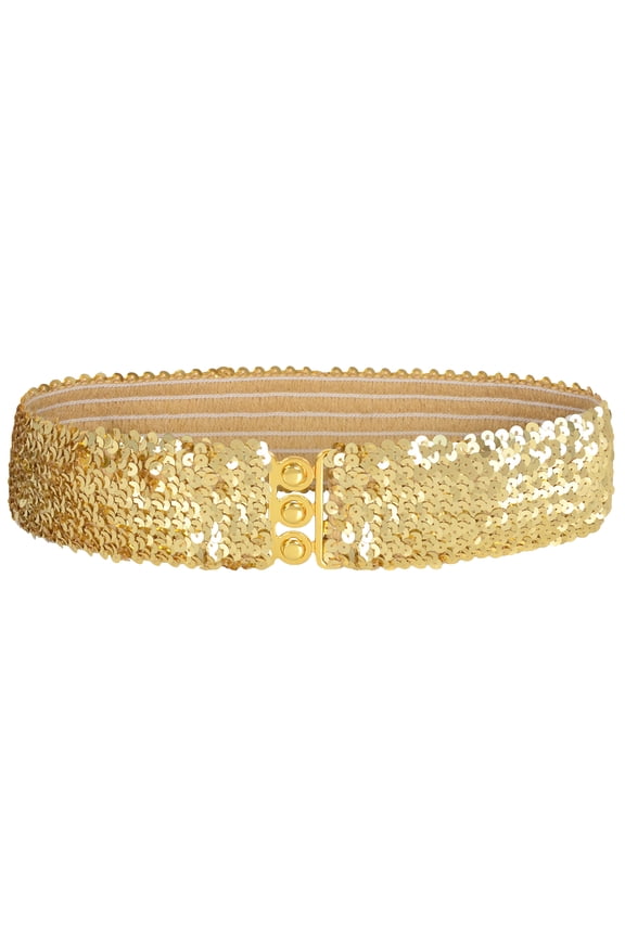 Women's Glitter Sequin Belts Stretchy Sparkly Cinch Belt Disco Party Costume Elastic Waist Accessory, Gold, 30"