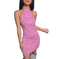 thumbnail image 1 of Women's Glitter Sequin Bodycon Mini Dress V Neck Backless Sleeveless Ruched Formal Party Gown Elegant Clubwear, 1 of 2
