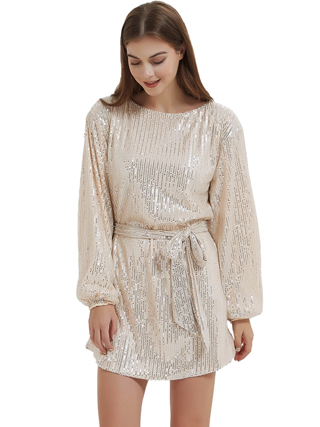 Women's Glitter Sequin Dress Long Sleeve Crew Neck Keyhole Back Mini Dresses  With Belt, Champagne, Small - Walmart.com