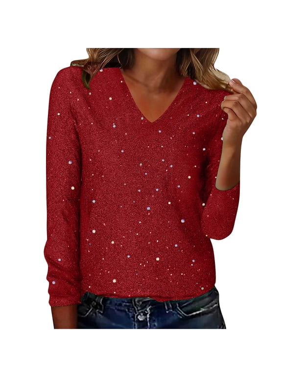 Women's Glitter Sequin Tops Long Sleeve V Neck Shiny Fashion Loose Fit Party Casual T-Shirts Sparkly Blouses (L, Red)