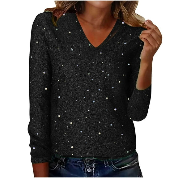 Women's Glitter Sequin Tops Long Sleeve V Neck Shiny Fashion Loose Fit Party Casual T-Shirts Sparkly Blouses (S, Black)