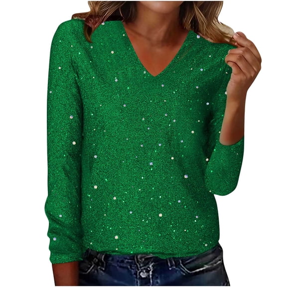 Women's Glitter Sequin Tops Long Sleeve V Neck Shiny Fashion Loose Fit Party Casual T-Shirts Sparkly Blouses (S, Green)