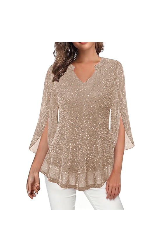 Women’s Glitter Sequin V Neck 3/4 Sleeve Tunic Top Double Layer Mesh Flowy Ruffle Blouse Sparkle Party Wear Dressy Casual Foil Print Top,Beige,S