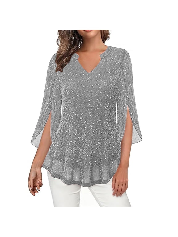 Women’s Glitter Sequin V Neck 3/4 Sleeve Tunic Top Double Layer Mesh Flowy Ruffle Blouse Sparkle Party Wear Dressy Casual Foil Print Top,Silver,XL