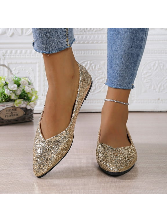 Women's Glitter Sequins Ballet Flat Point Toe Low Cut Glitter Shoes (Gold 39)