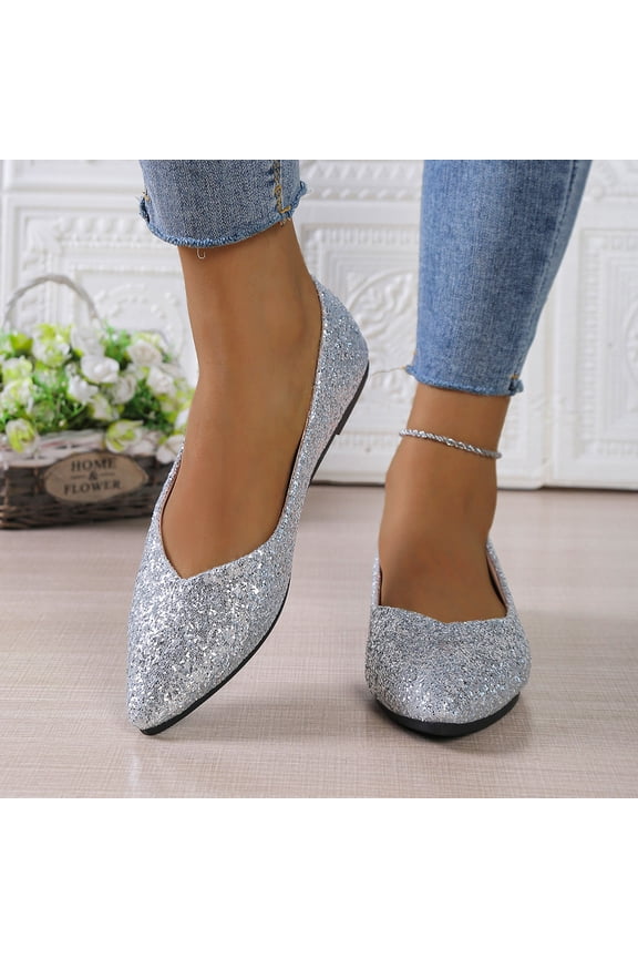 Women's Glitter Sequins Ballet Flat Point Toe Low Cut Glitter Shoes (Silver 36)