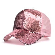 Womens Glitter Sequins Baseball Cap Mesh Back Trucker Hat Adjustable Snapback Sparkly Sun Hat for Carnival, Party, and Outdoor Wear,Pink