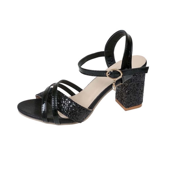 Women's Glitter Sequins Open Toe Crisscross Strap Low Block Chunky Heels Sandals Party Wedding Dress Pumps Shoes