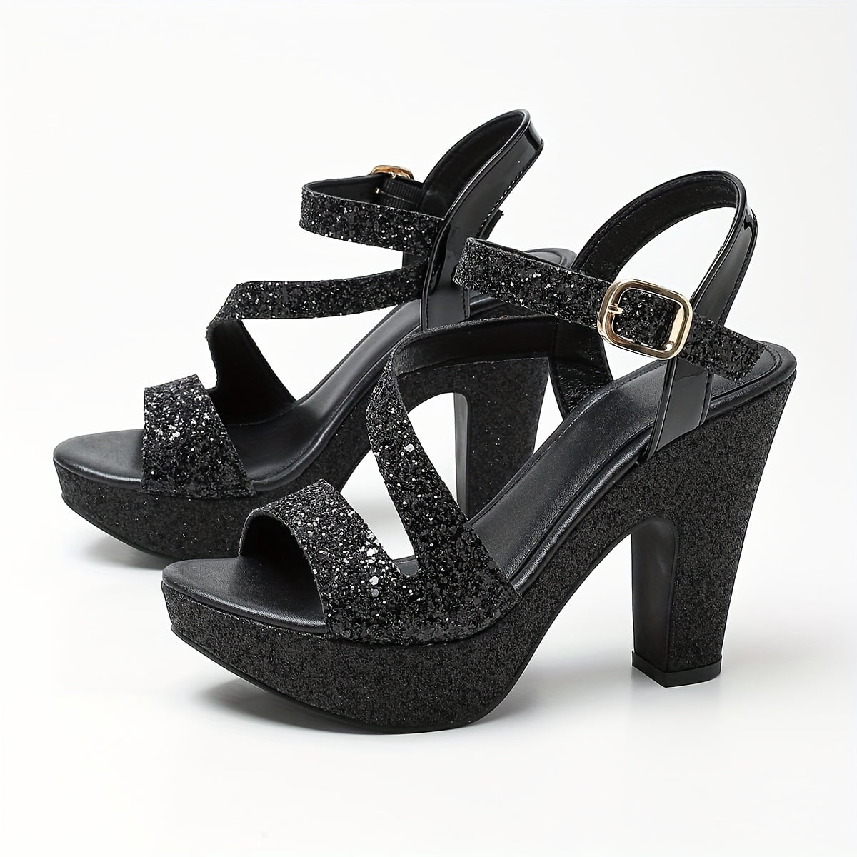 black sequin peep toe heels
