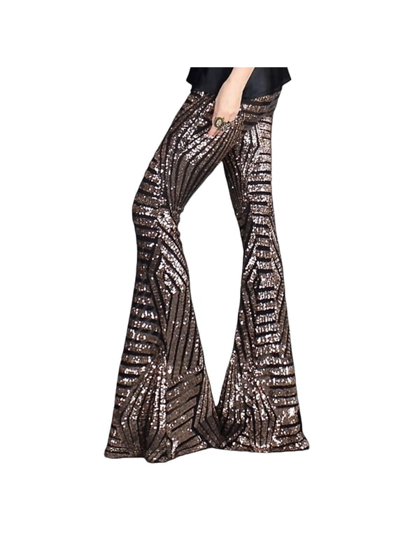 Women's Glitter Sequins Wide Leg Palazzo Pants High Waist Bells Bottoms Party Flared Trousers Night Out Clubwear