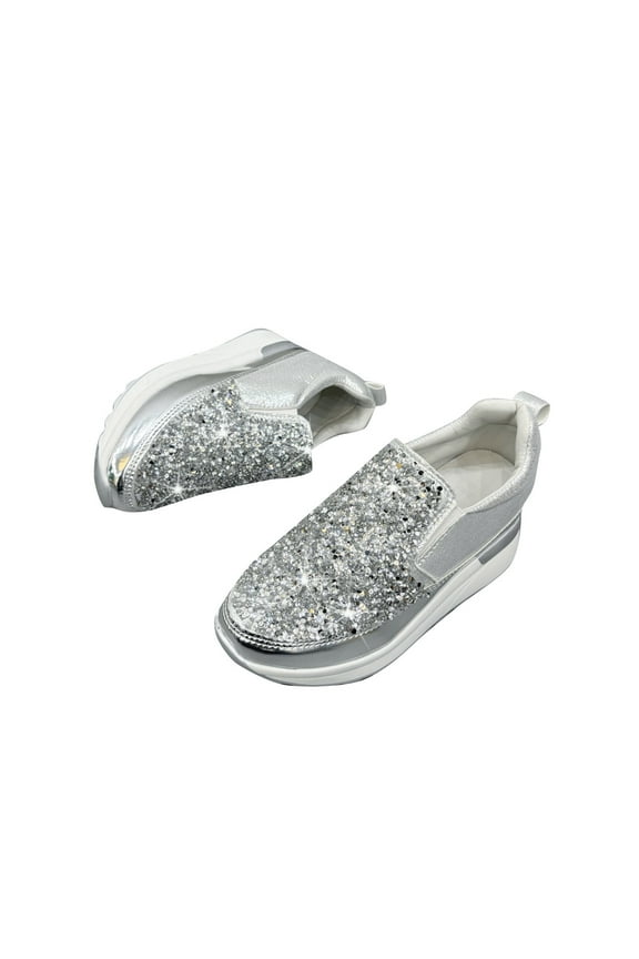 Women's Glitter Slip On Sneakers Wedge Shoes Comfortable Breathable Walking Shoes Sparkling Crystal Shoes Silver 38