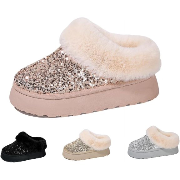 Women's Glitter Snow Boots - Fuzzy Lined Winter Slipper Boots for Indoor & Outdoor Use.
