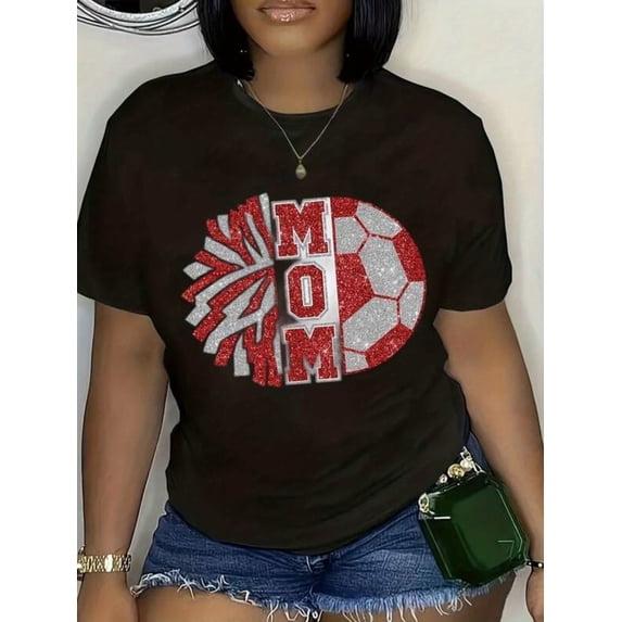 Women's Glitter Soccer Cheer Mom T-Shirt Retro Sparkle Sports Game Day Graphic Tee Casual Short Sleeve Top