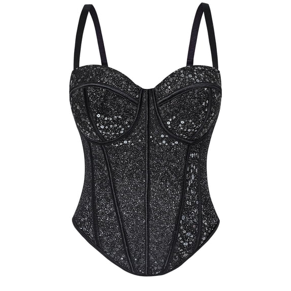 Women's Glitter Sparkly Corset Spaghetti Strap Sparkly Sequin Bodice Padded Cup Fishbone Bustier Cami for Wedding Party Night Black 40