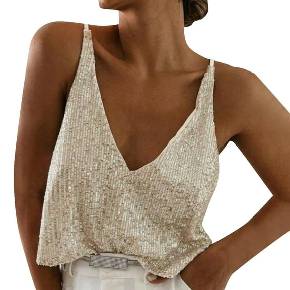 Women's Glitter Strappy Tank Top Sexy Solid V-neck Sleeveless Clubwear Top, Shiny Party Wear for Night Out, Perfect for Summer, Available in Multiple Sizes and Colors