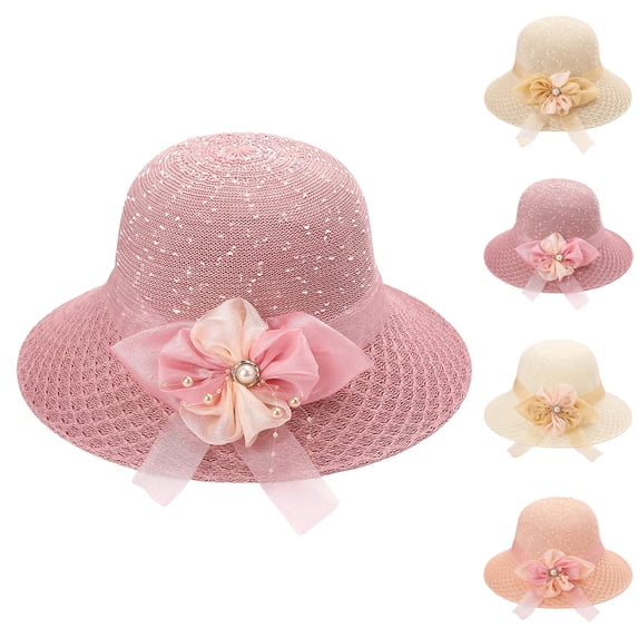Women's Glitter Straw Sun Hat with 3D Floral Bowknot and Faux Pearl Accent Featuring Wide Brim Foldable Design Light Purple
