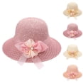 thumbnail image 1 of Women's Glitter Straw Sun Hat with 3D Floral Bowknot and Faux Pearl Accent Featuring Wide Brim Foldable Design Pink, 1 of 4